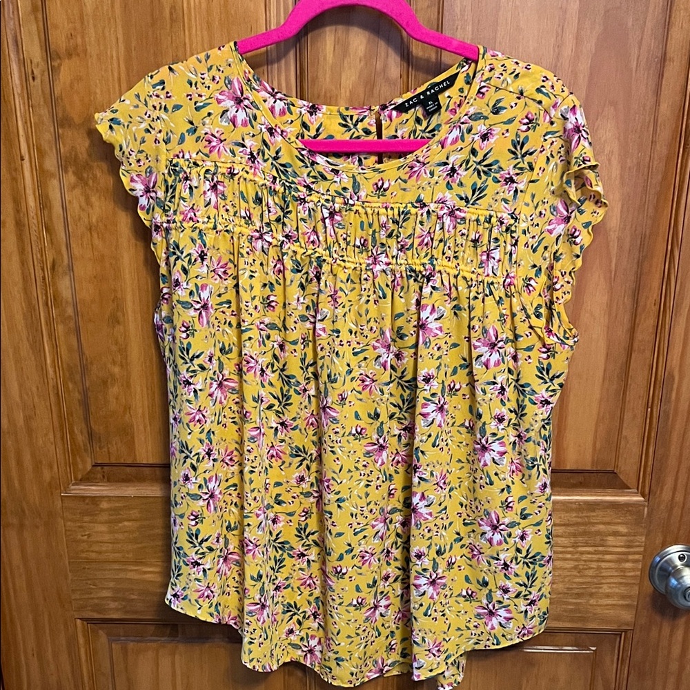 Zac & Rachel Yellow Floral Pintuck Flutter Sleeve Blouse